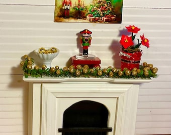 Dollhouse Miniature Christmas Decor, Bowl of Ornaments, Christmas Picture, Nutcracker Figure, Poinsettia or Fireplace.  1:12 Scale