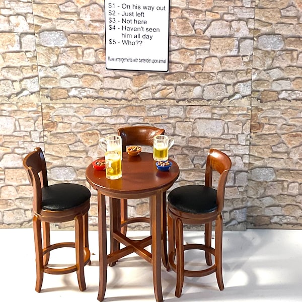 Dollhouse Miniature Pub Table & (3) Stools, Small Bowl of Nuts, Bar Sign or Mug of Beer.  1:12 Scale