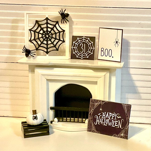 Dollhouse Miniature, Halloween Decor, Fireplace, Window with Spider Web, 31 Sign, Boo Sign, Spider Pumpkin or Halloween Sign. 1:12 Scale