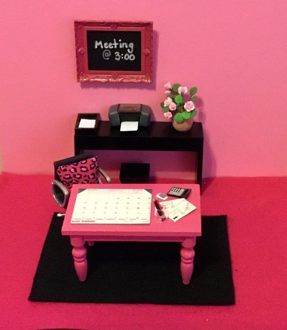 Dollhouse Miniature Pink Black Complete Office Desk Dollhouse Miniature Pink Black