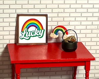 Dollhouse Miniature St. Patrick’s Day Decor. Pot of Gold with Rainbow or Lucky Sign. 1:12 Scale