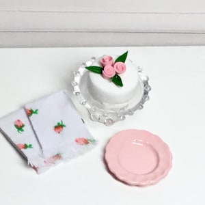 Dollhouse Miniature Cake On a Stand, Rosebud Kitchen Towel Set or Pink Plate. 1:12 Scale