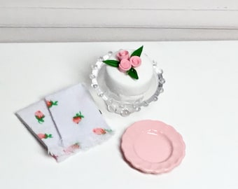 Dollhouse Miniature Cake On a Stand, Rosebud Kitchen Towel Set or Pink Plate. 1:12 Scale