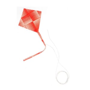 May include: A red and white kite with a diamond-shaped design and a long string.