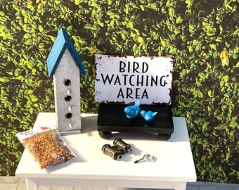 Dollhouse Miniature Birdwatching Items, Birdhouse, Bird Seed, Binoculars, Magnify Glass, Bird Watching Sign or Set of Birds. 1:12 Scale