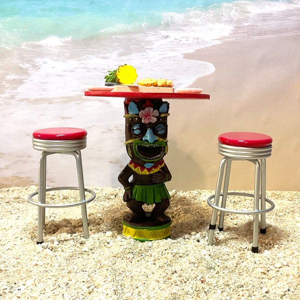 Dollhouse Miniature Tiki Table and Stools, Pineapple Cutting Board or Pineapple Plate. 1:12 Scale