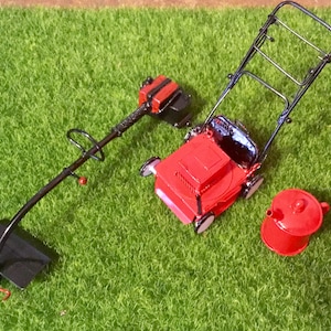 Dollhouse Miniature Lawn Mower, Weedeater & Gas Can