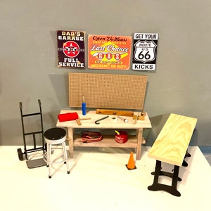 Miniature Garage Scene, Work Table, Metal Stool, Metal Dolly, Sawhorses, Tool Box, Level,  JumpeCables,