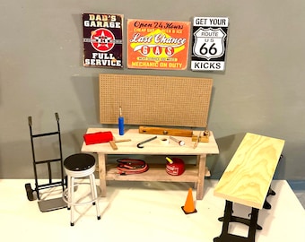 Miniature Garage Scene, Work Table, Metal Stool, Metal Dolly, Sawhorses, Tool Box, Level,  JumpeCables,