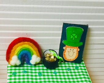 Dollhouse Miniature St. Patrick’s Day Decor, Felt Rainbow, Pot of Gold or Leprechaun Sign