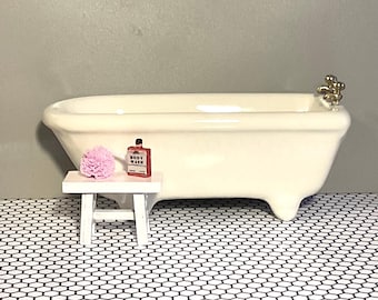 Dollhouse Miniature, Bathroom Accessories, White Porcelain Bathtub, White Wooden Stool or Bottle of Body Wash with Loofah Set.  1:12 Scale.