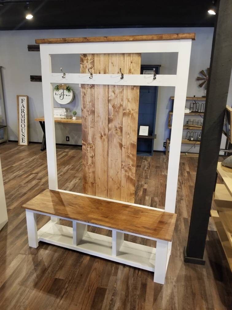 HUTWIFE 71 Farmhouse Hall Tree, Entryway Storage Bench with Sliding Barn  Door and Coat Rack, Wood Coat Tree (Oak)