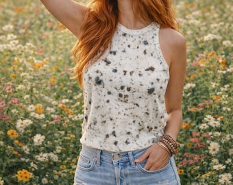 Botanically Dyed Floral Cotton Top: Unique Boho Tank - UK XL