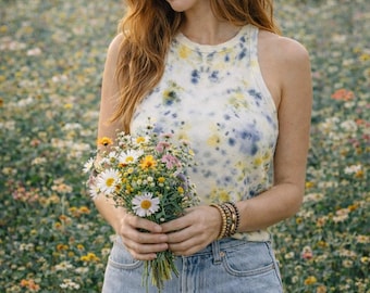One of a Kind Botanical Dyed Tank | Floral Cotton Summer Top | Sustainable Boho Fashion, eco printed
