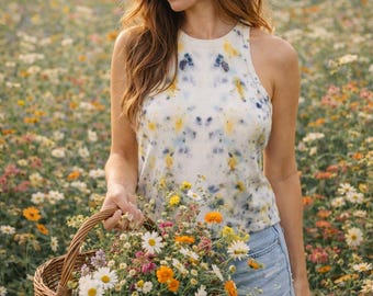 Botanically Dyed Cotton Top: Eco Print Floral Tank, UK L