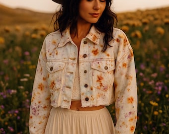 Botanical Dyed Cropped Denim Jacket, Women’s Boho Travel Jacket, Handmade Floral Jean Jacket, Sustainable City Break Outfit Gift