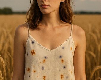 Botanically Dyed Cotton Linen Top: Floral Print, Unique Hand-Dyed Shirt