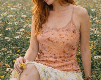 Botanically Dyed Cotton Top: Eco Print Floral Shirt, Size S, Eco Friendly Boho Fashion