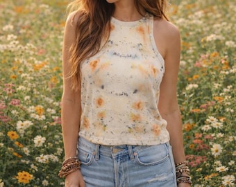 Botanically Dyed Cotton Crop Top: Floral Boho Tank (UK Size L),Eco Friendly Boho Fashion