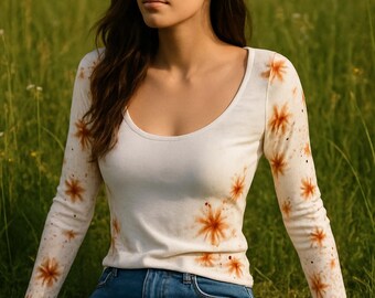Botanically Dyed Cotton Top, long sleeve  Floral Print, Size M,Eco Friendly Boho Fashion