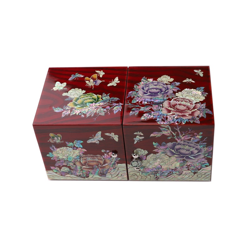 Red Wooden Beautiful Peony Mother of pearls Inlaid Jewelry Trinket Box Treasure Flower Lacquer Antique Nacre Wedding Daughter Ring Gift