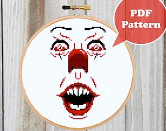 Evil Clown Cross Stitch Pattern - Horror Cross Stitch Pattern  - Movie Cross Stitch Pattern - Modern Cross Stitch Pattern - Book Lover