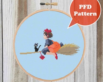 Witch Girl Cross Stitch Pattern - Witch Cross Stitch Pattern  - Witch and Cat Cross Stitch Pattern - Kawaii Cross Stitch Patterm