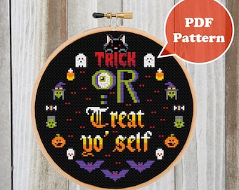 Trick or Treat Yo' Self Cross Stitch Pattern - Halloween Cross Stitch - Modern Cross Stitch - Kawaii Cross Stitch -Witch Cross Stitch Horror