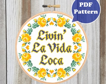 Livin La Vida Loca Cross Stitch Pattern - Modern Cross Stitch Pattern - Rose Cross Stitch Pattern - 90s Cross Stitch Pattern - 90s Music