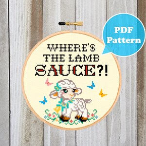 Where&#39;s The Lamb Sauce Cross Stitch Pattern - Kitchen Cross Stitch Pattern - Modern Cross Stitch Pattern - Funny Cross Stitch - Cute Stitch