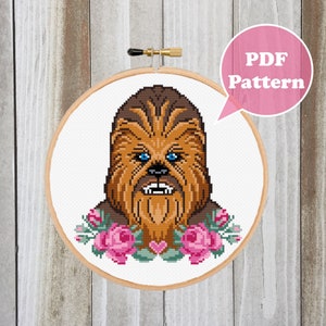 Patrón de punto de cruz Chewie - Punto de cruz de película - Punto de cruz divertido - Punto de cruz floral moderno - Punto de cruz rosa - Punto de cruz alienígena