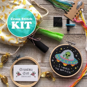 I Need My Space Cross Stitch KIT - Alien Cross Stitch Kit - Beginner Cross Stitch Kit - Funny Cross Stitch Kit - Galaxy UFO Cross Stitch Kit