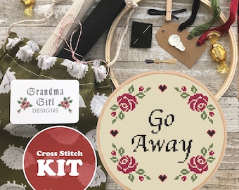 Go Away Cross Stitch KIT - Modern Cross Stitch Kit -Beginners Cross Stitch Kit - Funny Cross Stitch Kit - Floral Cross Stitch Kit Subversive
