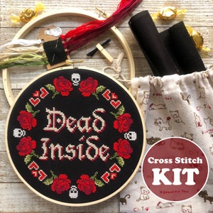 Dead Inside Cross Stitch KIT -Modern Cross Stitch Kit -Beginner Cross Stitch Kit -Funny Cross Stitch Kit -Floral Cross Stitch Kit Subversive