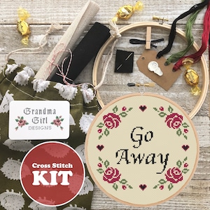 Go Away Cross Stitch KIT - Modern Cross Stitch Kit -Beginners Cross Stitch Kit - Funny Cross Stitch Kit - Floral Cross Stitch Kit Subversive