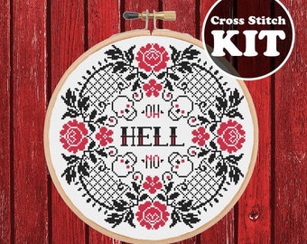 Kit de punto de cruz Oh Hell No - Kit de punto de cruz de calavera - Punto de cruz divertido - Muestrario de punto de cruz moderno - Kit de punto de cruz kawaii - Kit fácil