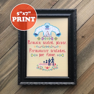 Yeti Monster 5x7 Print - Remain Seated Please - Modern Cross Stitch Art Print - Yeti Cross Stitch Art Print - Pixel Art Print