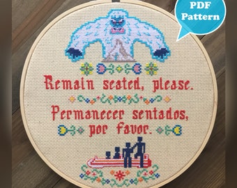 Remain Seated Please - Abominable Snowman Cross Stitch - Theme Park Cross Stitch Pattern - Modern Cross Stitch - Yeti Cross Stitch