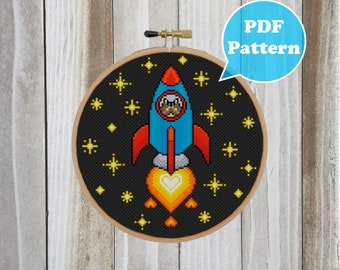 Rocket Ship Kitty Cross Stitch Pattern - Cat Cross Stitch - Modern Cross Stitch - Space Cross Stitch Pattern Easy - Kawaii Cross Stitch Cat