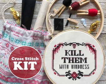 Kit de punto de cruz "Mátalos con amabilidad" - Kit de punto de cruz moderno - Kit de punto de cruz para principiantes - Kit de punto de cruz divertido - Kit de punto de cruz floral