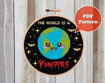 The World Is A Vampire Cross Stitch Pattern - Earth Cross Stitch Pattern  - Cute Cross Stitch Pattern - Modern Cross Stitch Pattern -Vampire