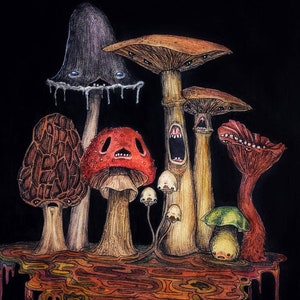 The Miserable Mushrooms, Spooky Mushrooms, Creepy Cottagecore, Macabre Mushroom, Fungi Art, Mini Print, Art Print, Ready to frame