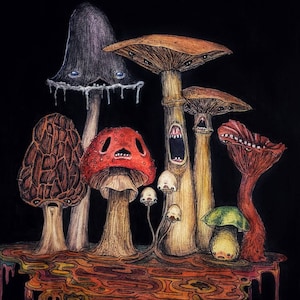 The Miserable Mushrooms, Spooky Mushrooms, Creepy Cottagecore, Macabre Mushroom, Fungi Art, Mini Print, Art Print, Ready to frame
