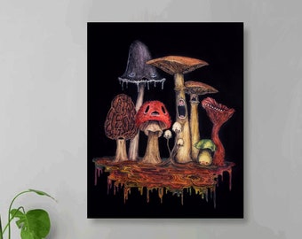 Miserable Mushrooms on Wrapped Canvas 16"x 20",  Spooky Mushrooms, Creepy Cottagecore, Macabre Mushroom, Fungi Art
