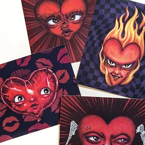Ensemble de mini impressions coeurs gothiques, ensemble de cartes postales, mini impression, impression de la Saint-Valentin, coeurs pop surréalisme, coeurs d'amour, Cupidon, impression d'art
