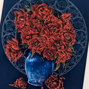 The Peeping Posy, Fantasy Cottagecore, Creepy Bouquet, Creepy, Gothic Art, Forest, Forestcore, Mini Print, Art Print, Ready to frame