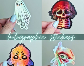 Holographic Art Stickers, Cute Vinyl Holo Sticker, Mushroom, Ghost, Evil Eye, Cute Bug, Skeleton, Creepy Cute, Cottagecore, Art Stickers