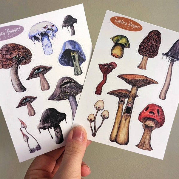 The Fungi Freaks Sticker Sheet, Spooky Mushrooms, Creepy Cottagecore, Macabre Mushroom, Miserable Mushroom Stickers, Forestcore stickers
