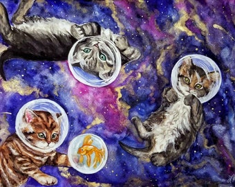 Space Kitten Art Print, Fantasy Kitten Print, Space Animals, Cute Kitten Art, Cats in Space, Storybook Art, Kid's Room Art, Fun Whimsical