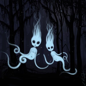 Willo-the-wisps in the Haunted Forest, Haunted Cottagecore, Cute Drawing, Spooky Ghost Decor, Forest Spirits